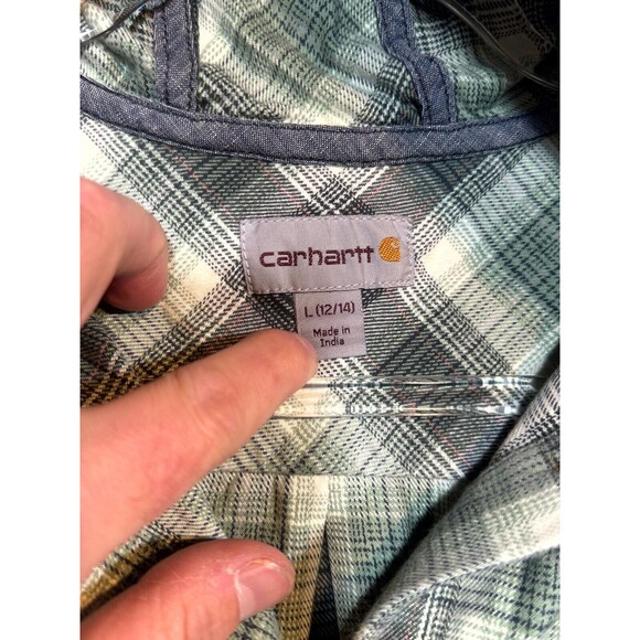 Carhartt Flannel Hoodie Women's Large Multicolor Plaid Cotton Pockets Button-Up - Picture 3 of 9